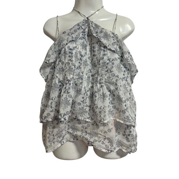 PAIGE White and Blue Floral Blouse SZ Small Coastal Beach Vacation - Picture 1 of 6